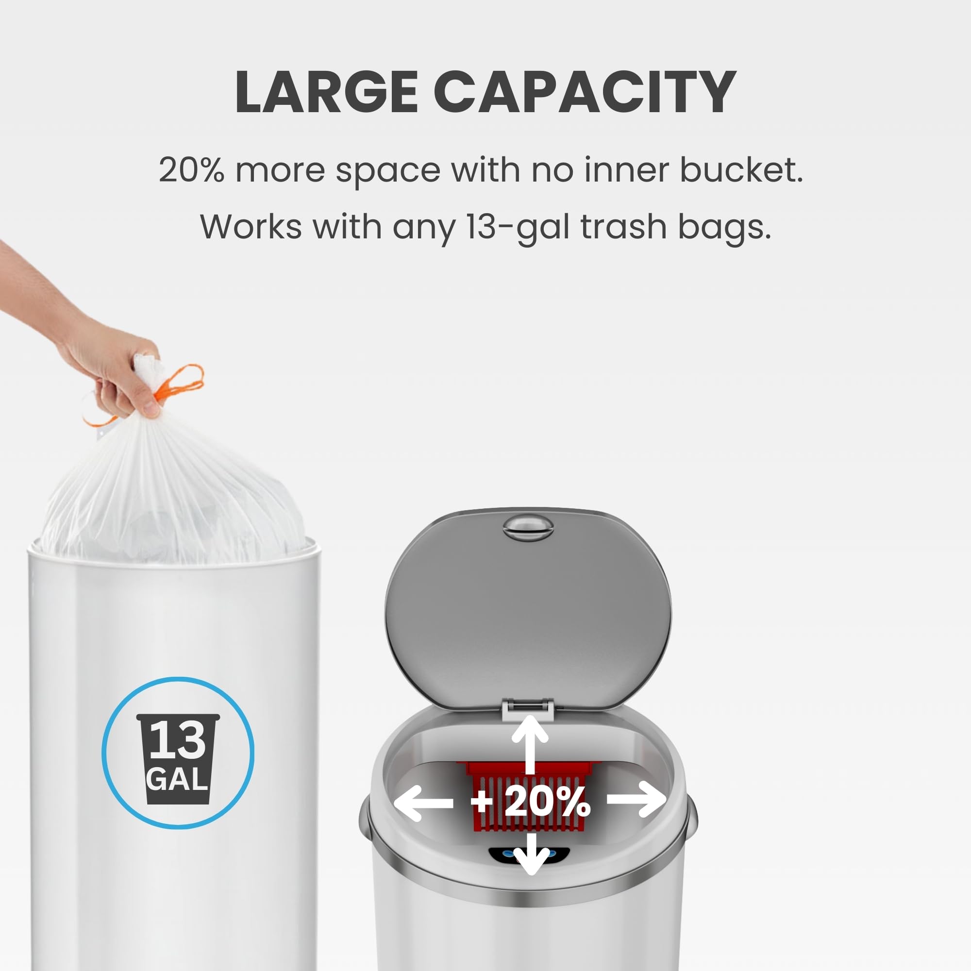 iTouchless beside grocery bags to show 13-gallon capacity and household convenience