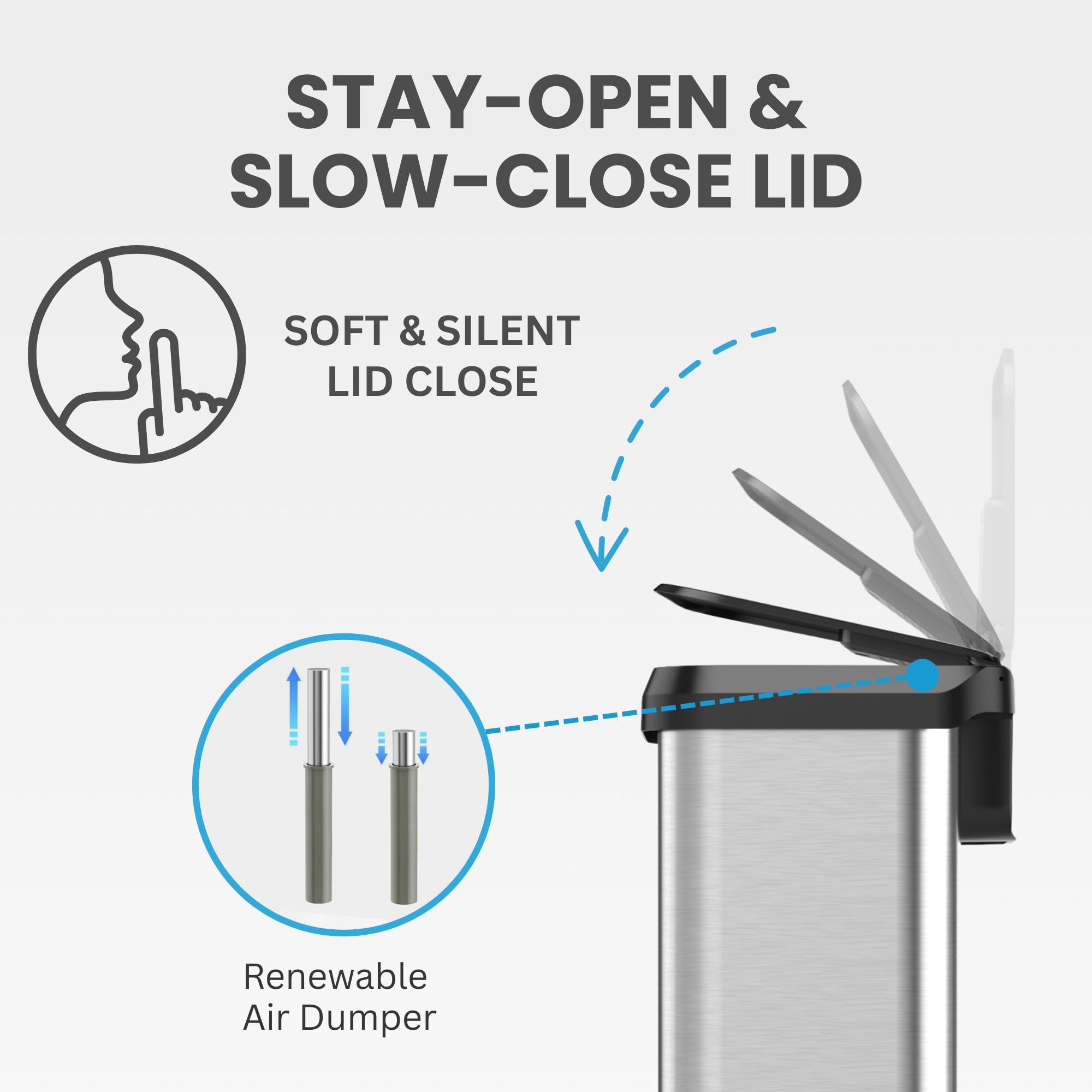 iTouchless soft-close lid in motion demonstrating quiet, controlled closing benefit