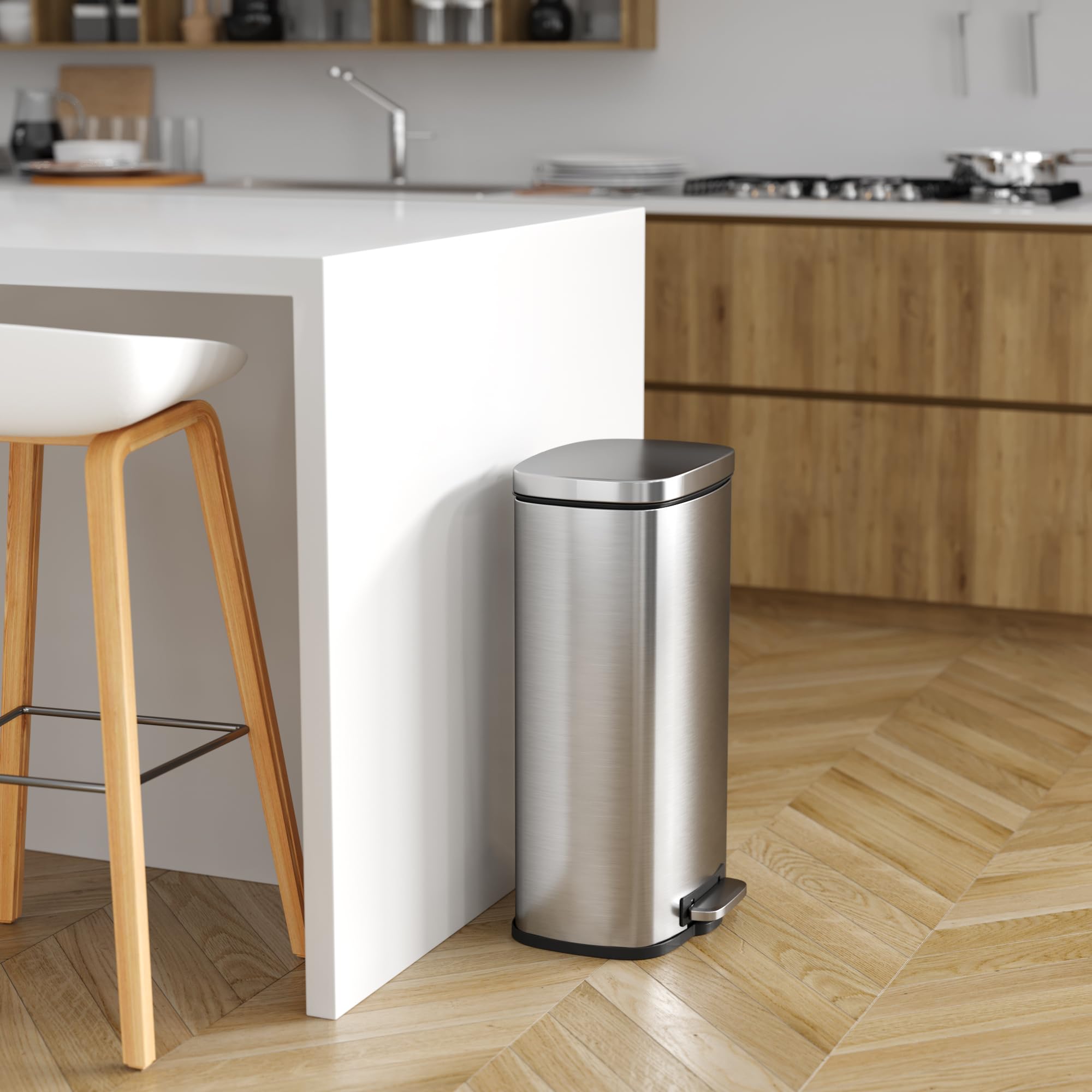 iTouchless SoftStep next to household items illustrating dimensions and scale for tight spaces