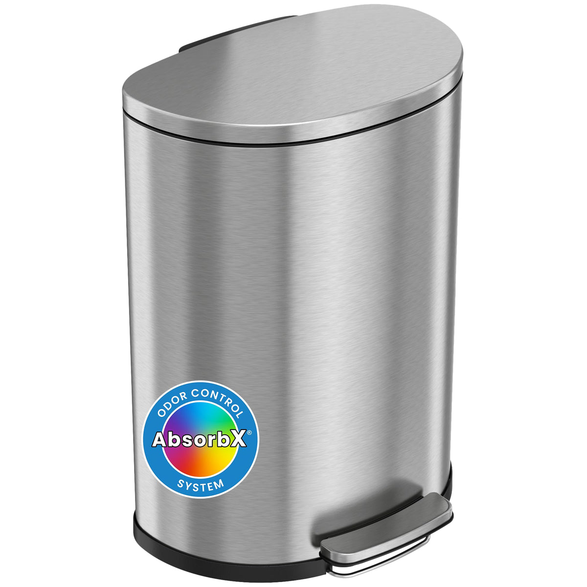 iTouchless SoftStep front view showing stainless finish and slim profile benefiting modern kitchens