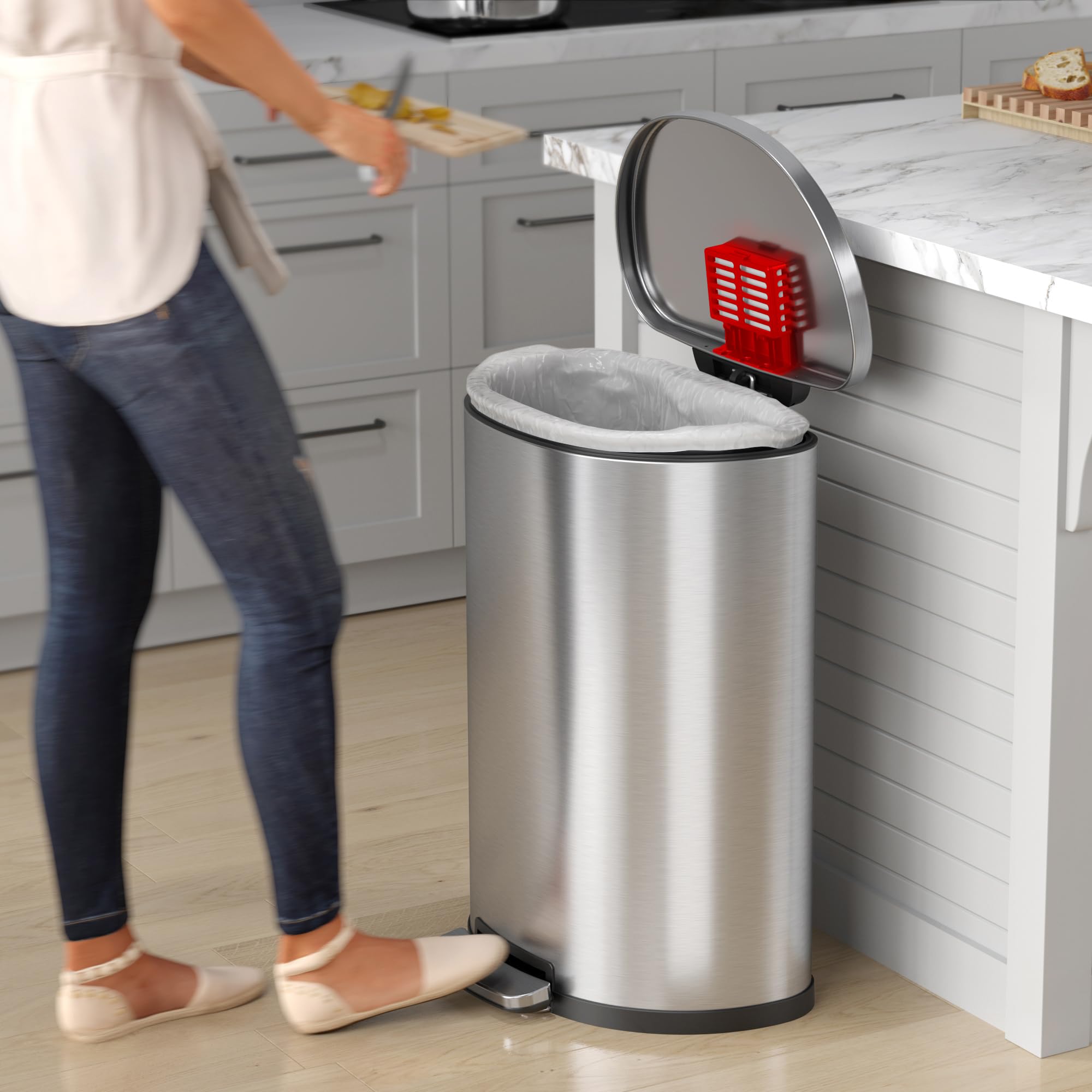 iTouchless SoftStep odor filter installed demonstrating AbsorbX placement and lasting freshness benefit