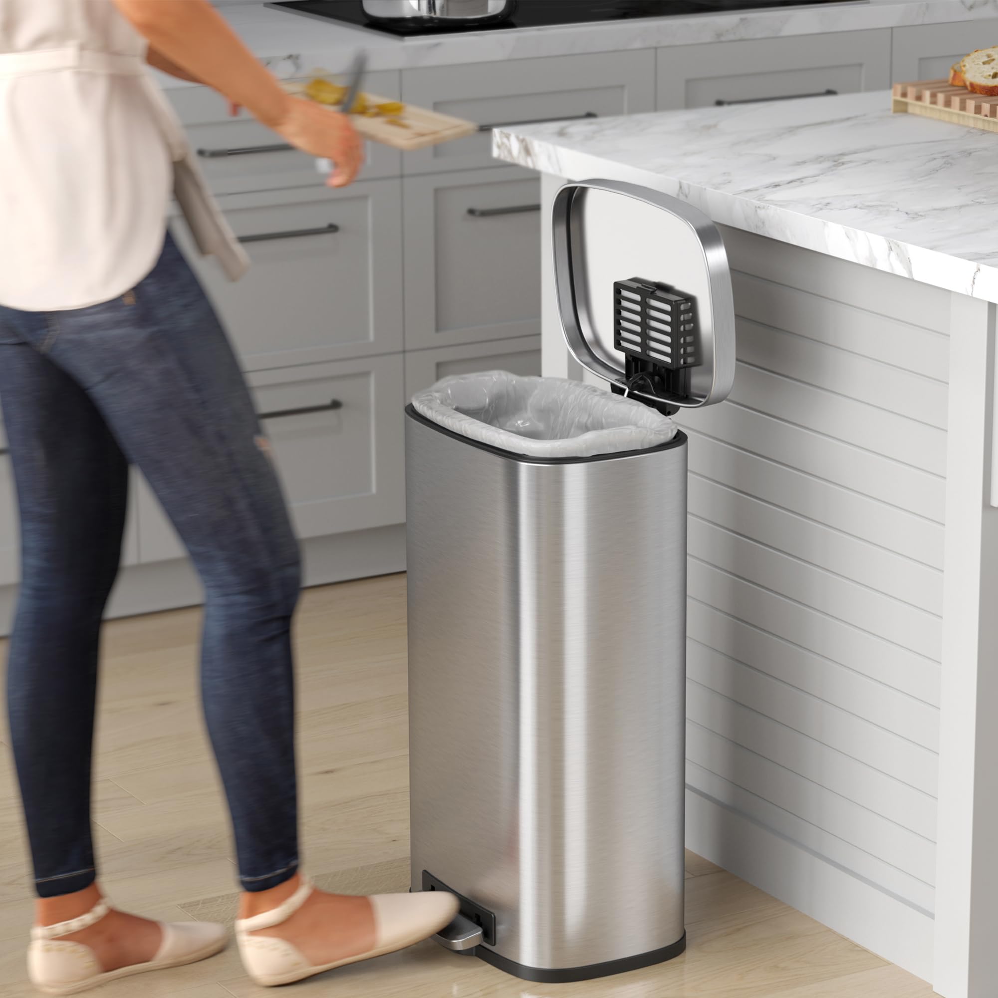 iTouchless SoftStep with lid open at side angle demonstrating gentle soft-close and space efficiency