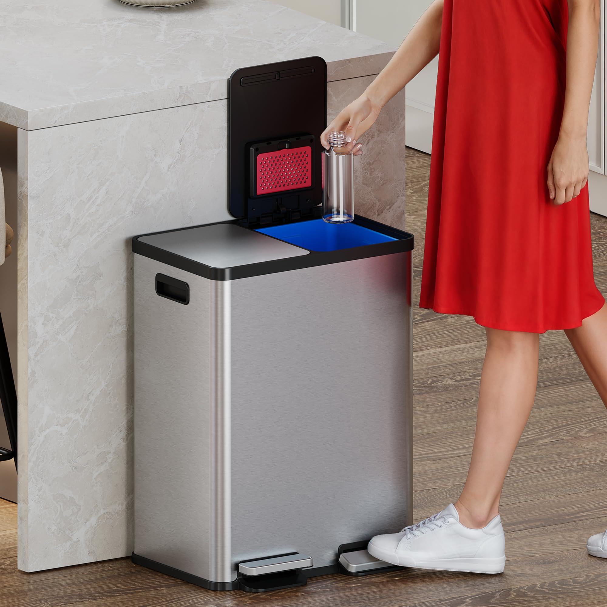 iTouchless SoftStep open lids revealing removable color-coded inner buckets for easy sorting