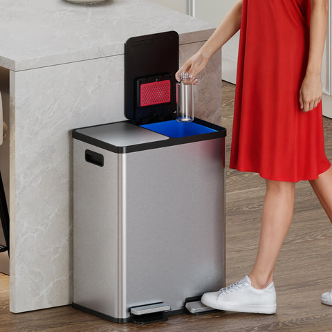 iTouchless SoftStep open lids revealing removable color-coded inner buckets for easy sorting