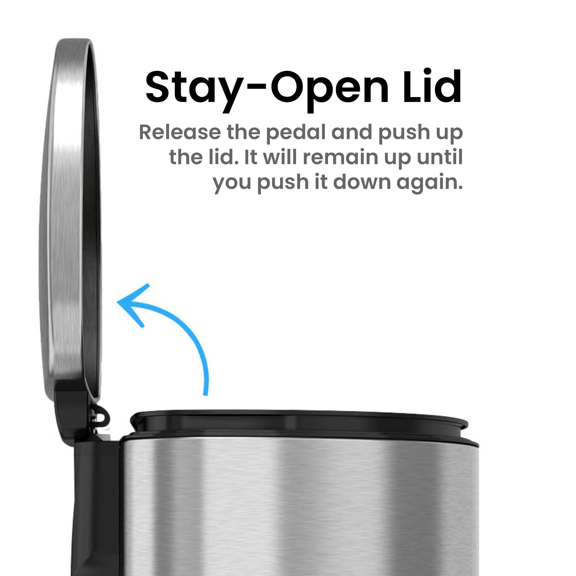iTouchless SoftStep steel pedal close-up highlighting durable construction and easy press operation