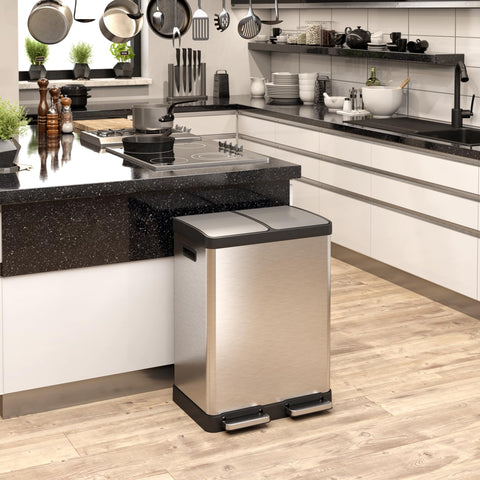 iTouchless SoftStep in a kitchen setting demonstrating hands-free pedal use and space-saving fit