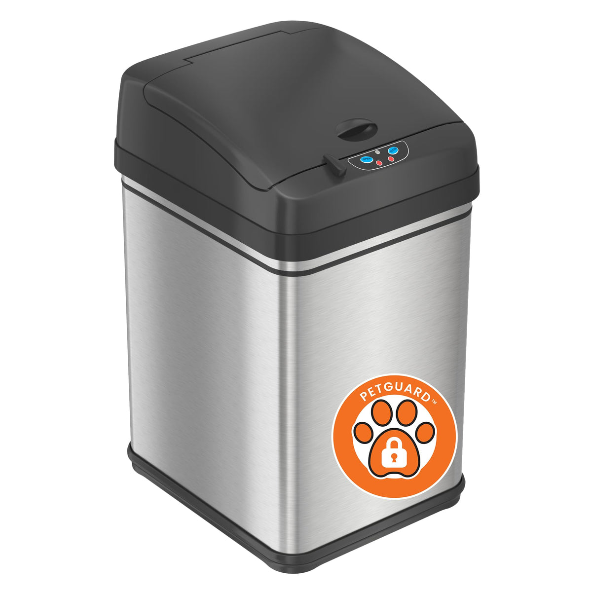 iTouchless stainless steel front view showing sleek fingerprint-resistant finish and space-saving shape for modern kitchens