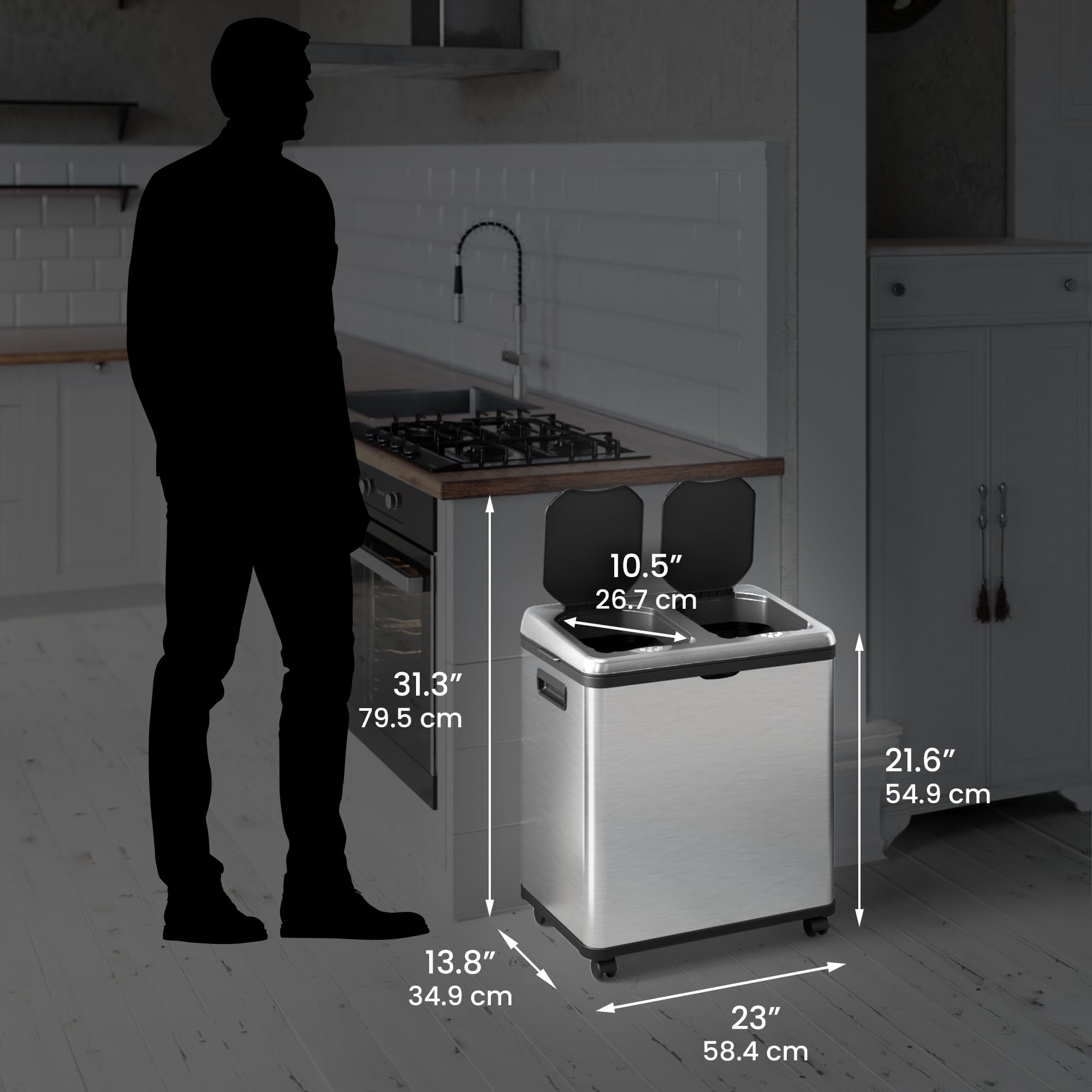 iTouchless with caster wheels in kitchen showing effortless mobility benefit