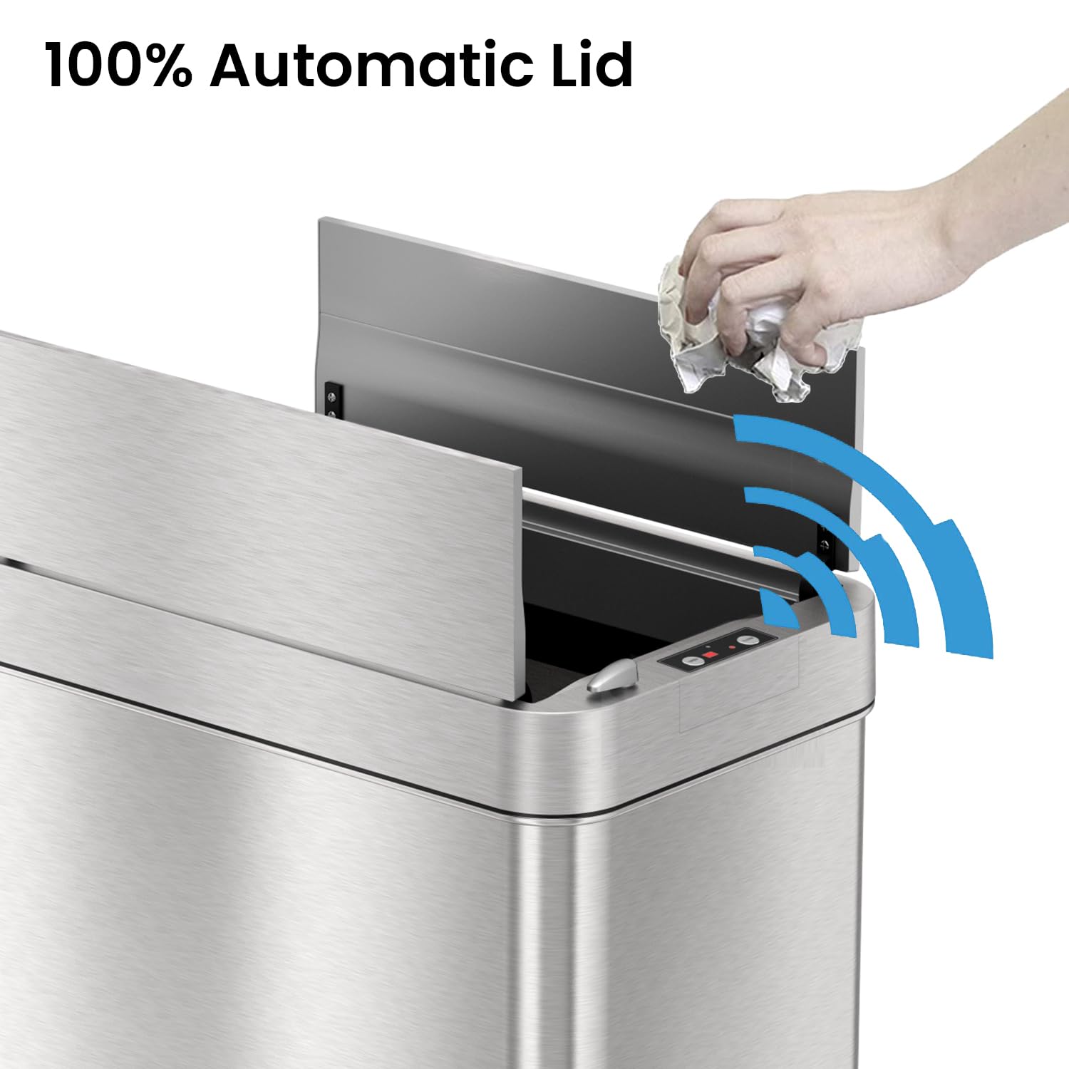 iTouchless wings-open lid in motion for fast hands-free access benefit