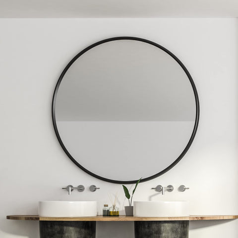 Itrue mirror mounted above double vanity illustrating wide coverage and coordinated design