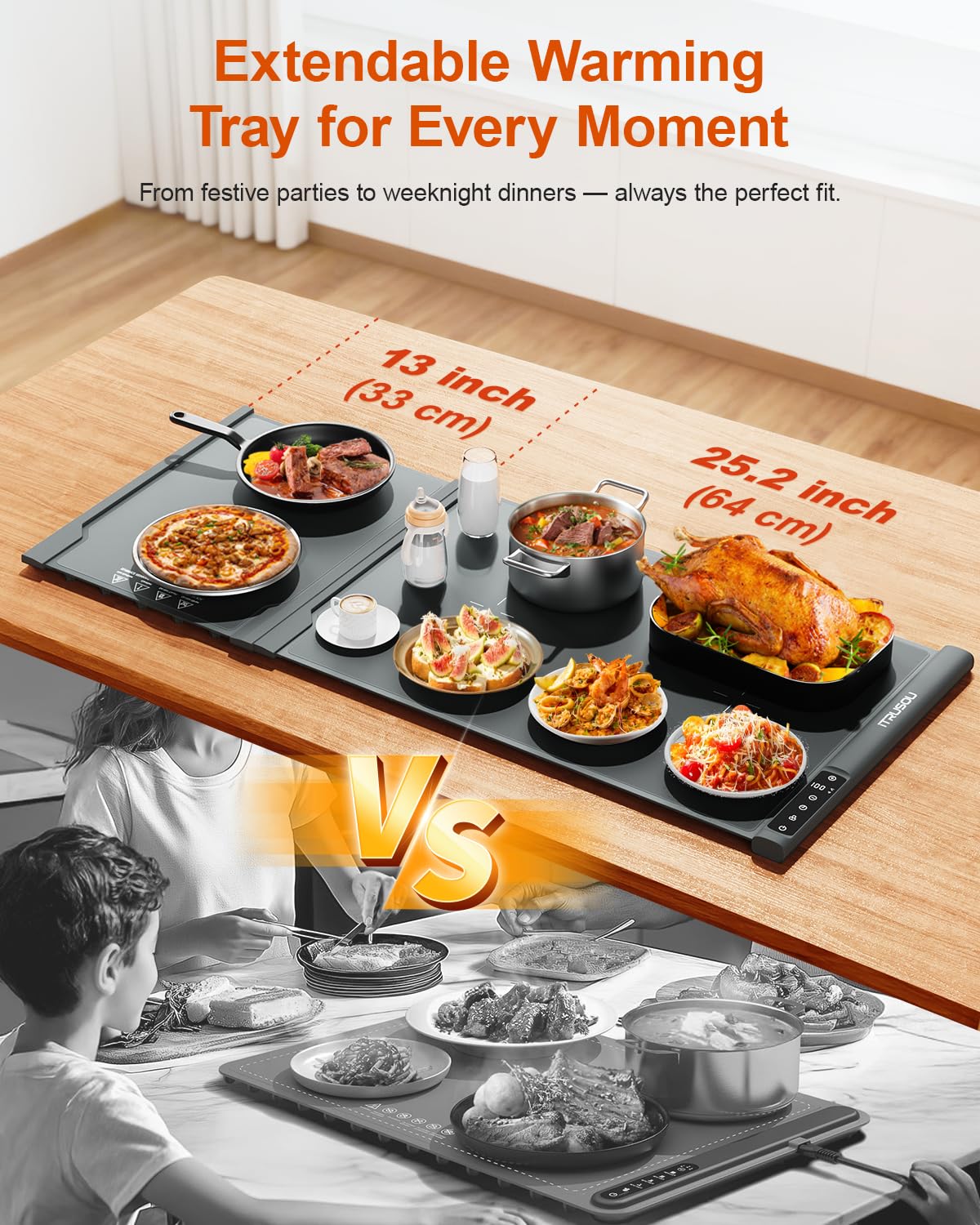 itrusou warming mat size comparison with plates showing scale and serving capacity