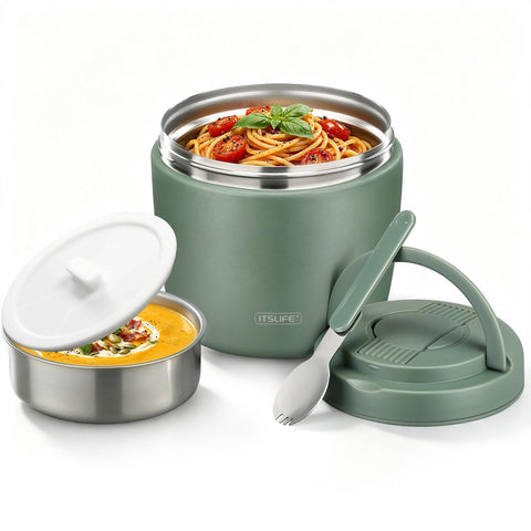 Itslife 32oz green front view showing lid and label, convenient on-the-go meals