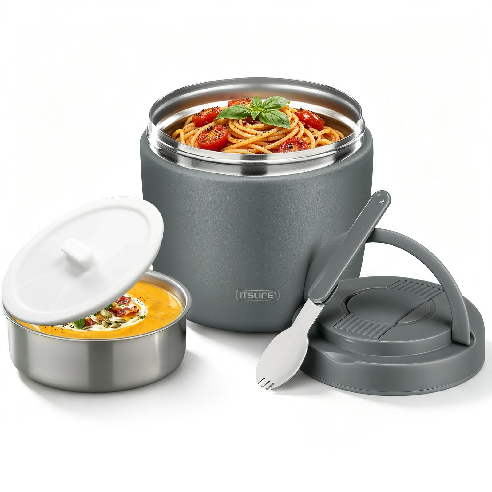 Itslife front view of grey food jar showing durable finish and compact size for portability