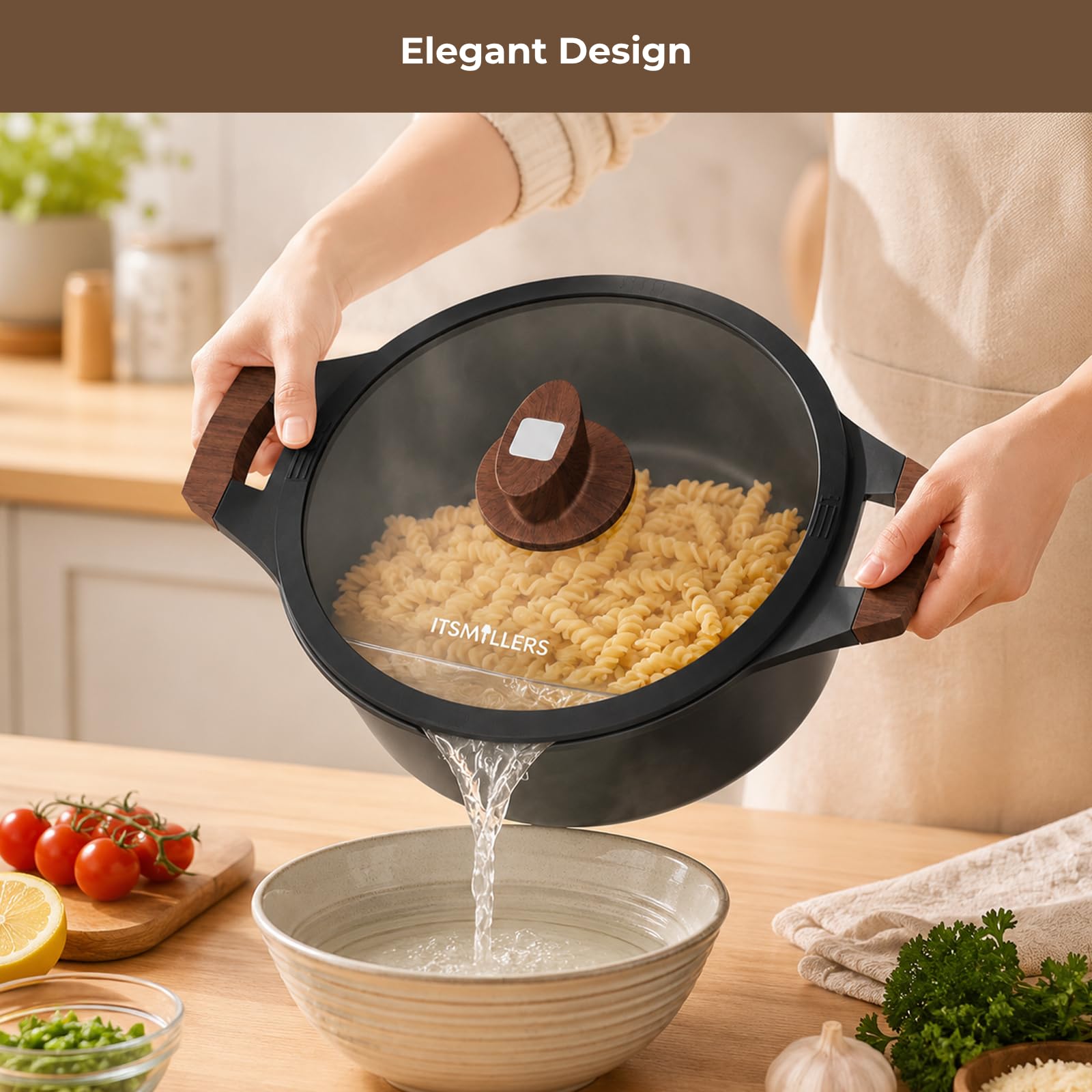 ITSMILLERS pouring through strainer lid to drain pasta cleanly without a colander benefit