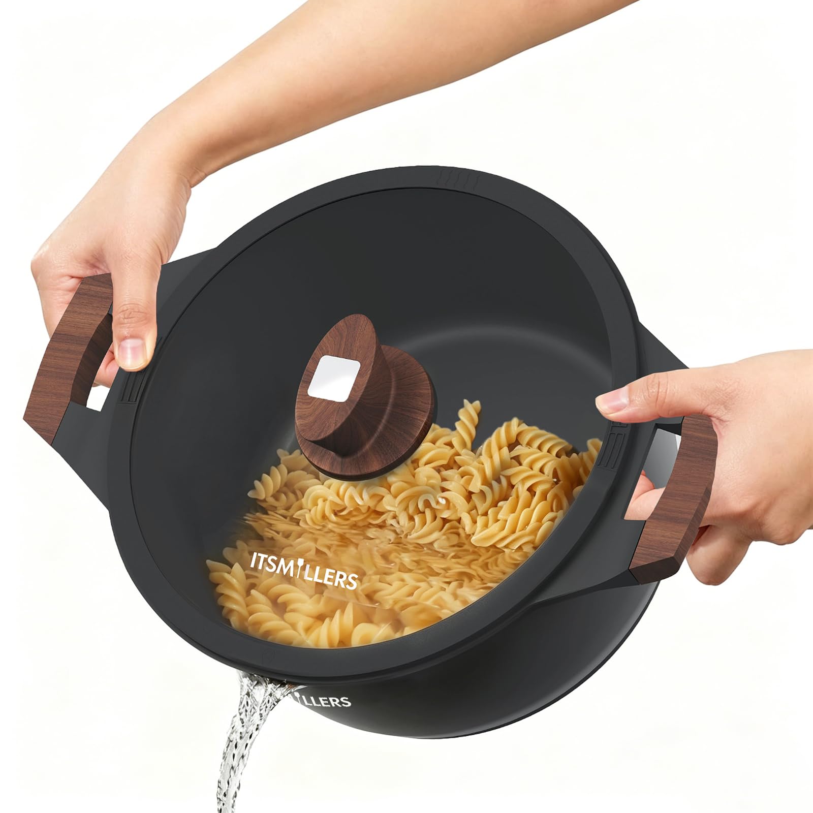ITSMILLERS front view of 6.5 qt stock pot showing nonstick finish and capacity benefit