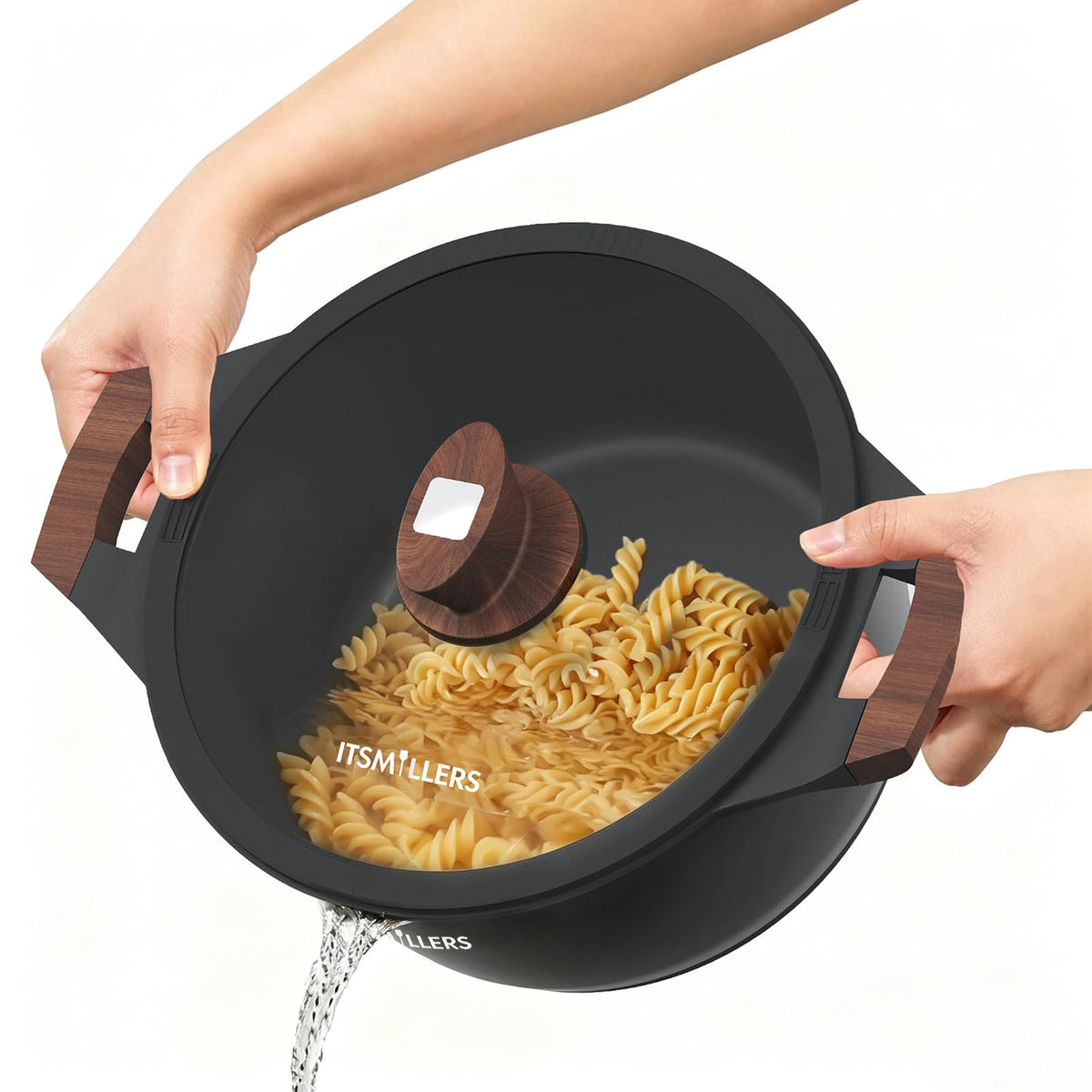 ITSMILLERS front view of 6.5 qt stock pot showing nonstick finish and capacity benefit