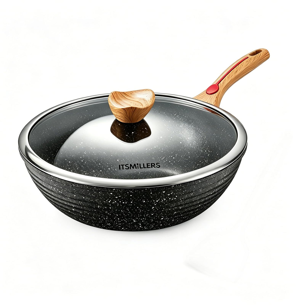 ITSMILLERS wok front view showing sleek nonstick pan and included lid for versatile cooking