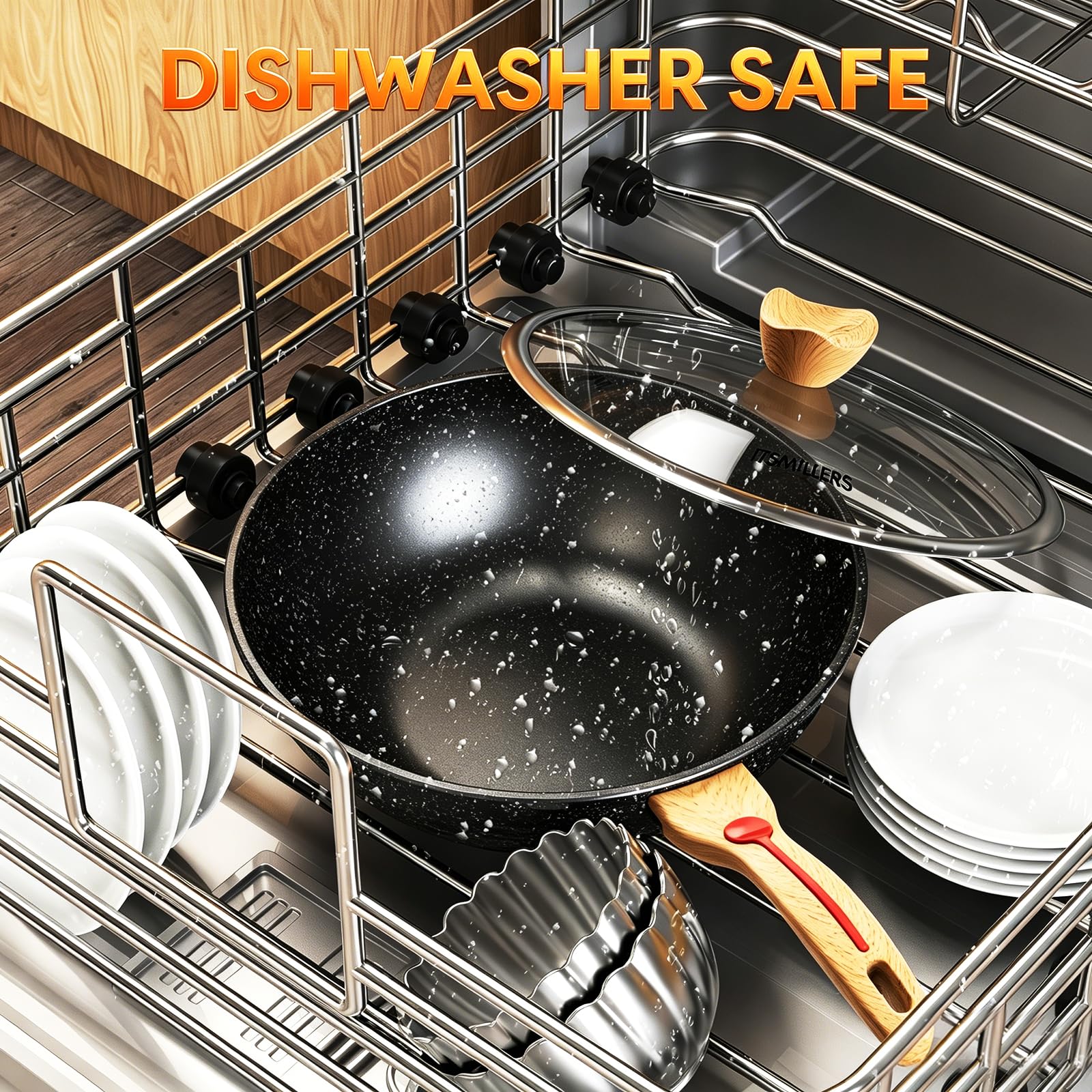 ITSMILLERS wok beside common cookware for scale showing roomy 5-quart capacity