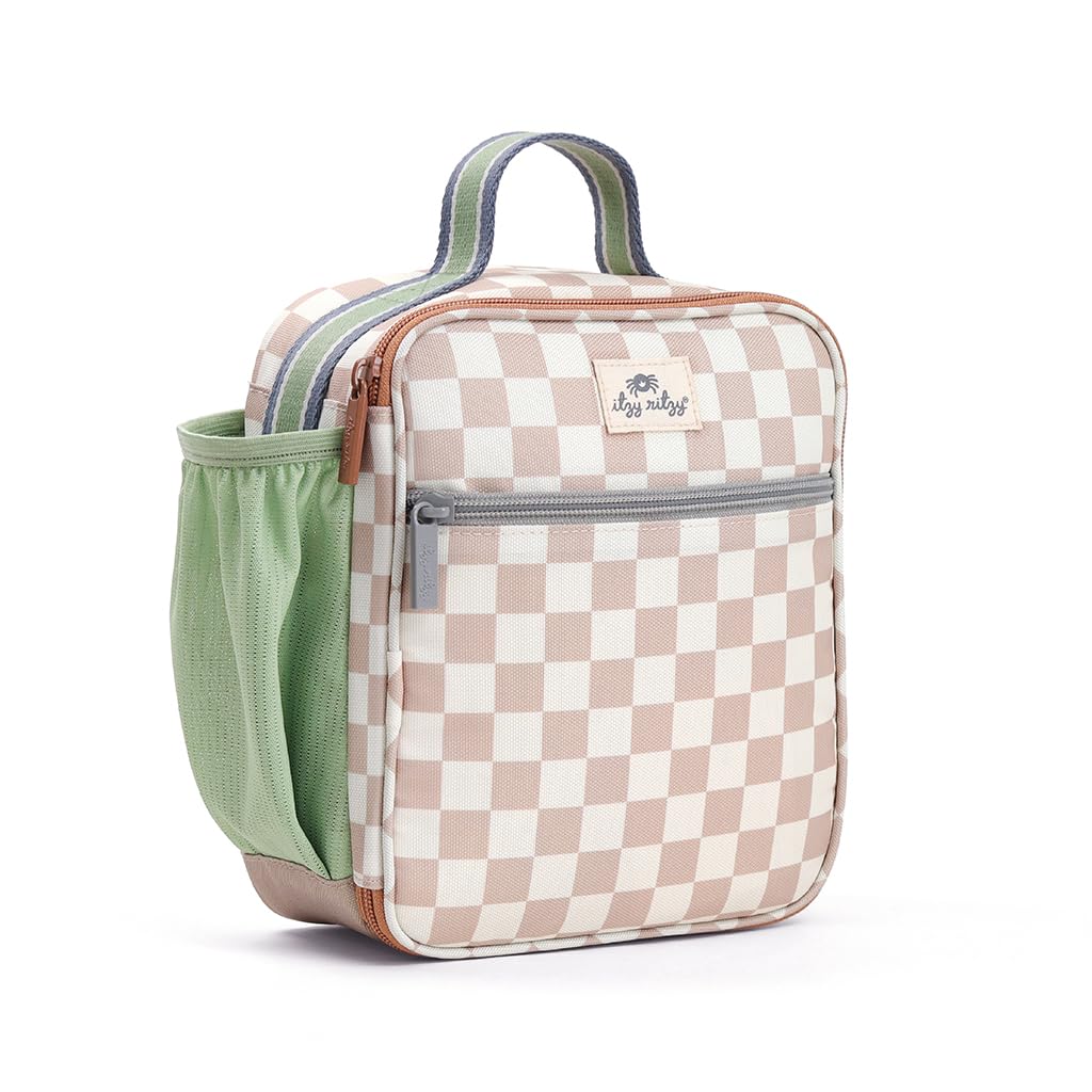 Itzy Ritzy checkerboard lunch box front view showing durable fabric and handle, easy to carry