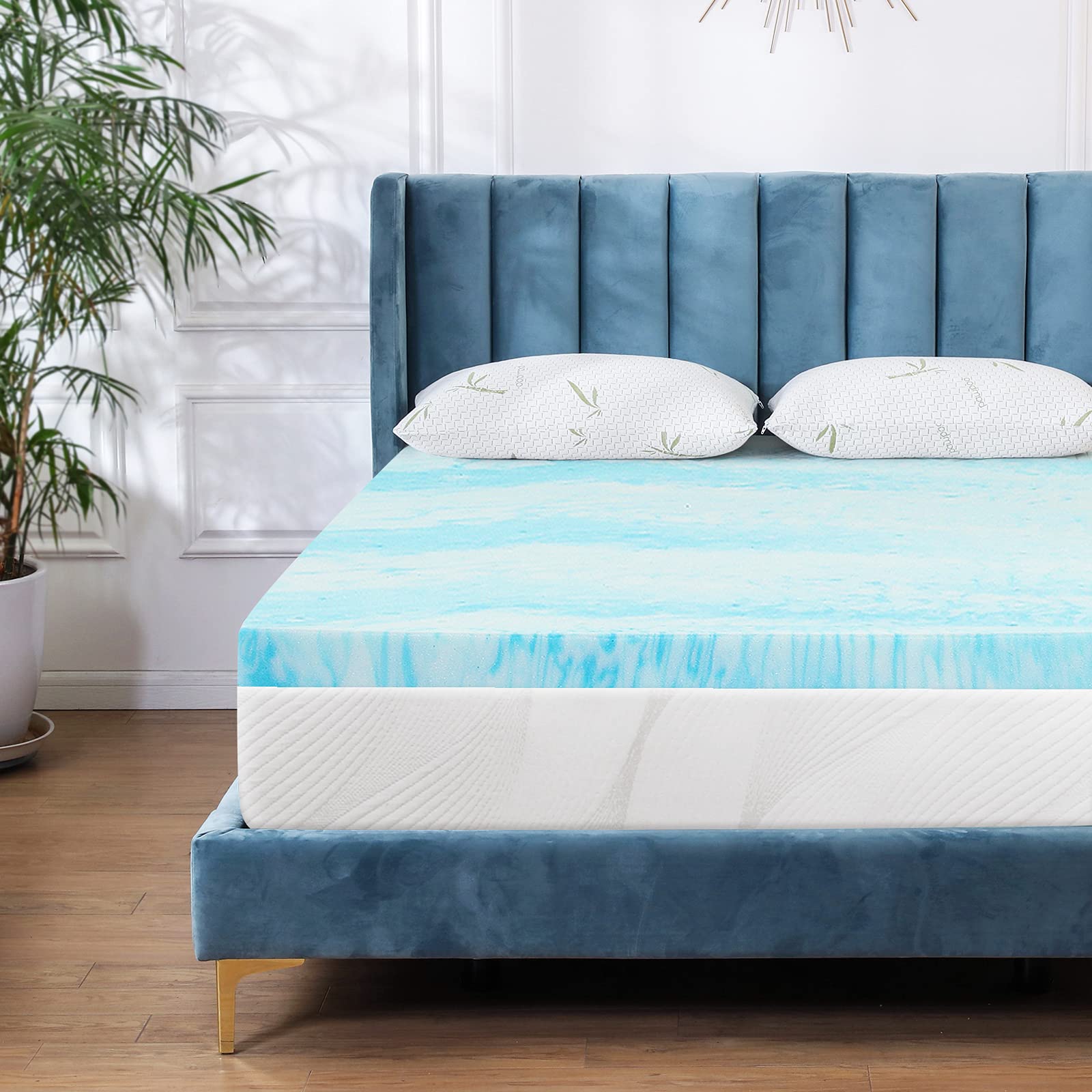 IULULU full-size topper front view showing neat light-blue cover and improved comfort