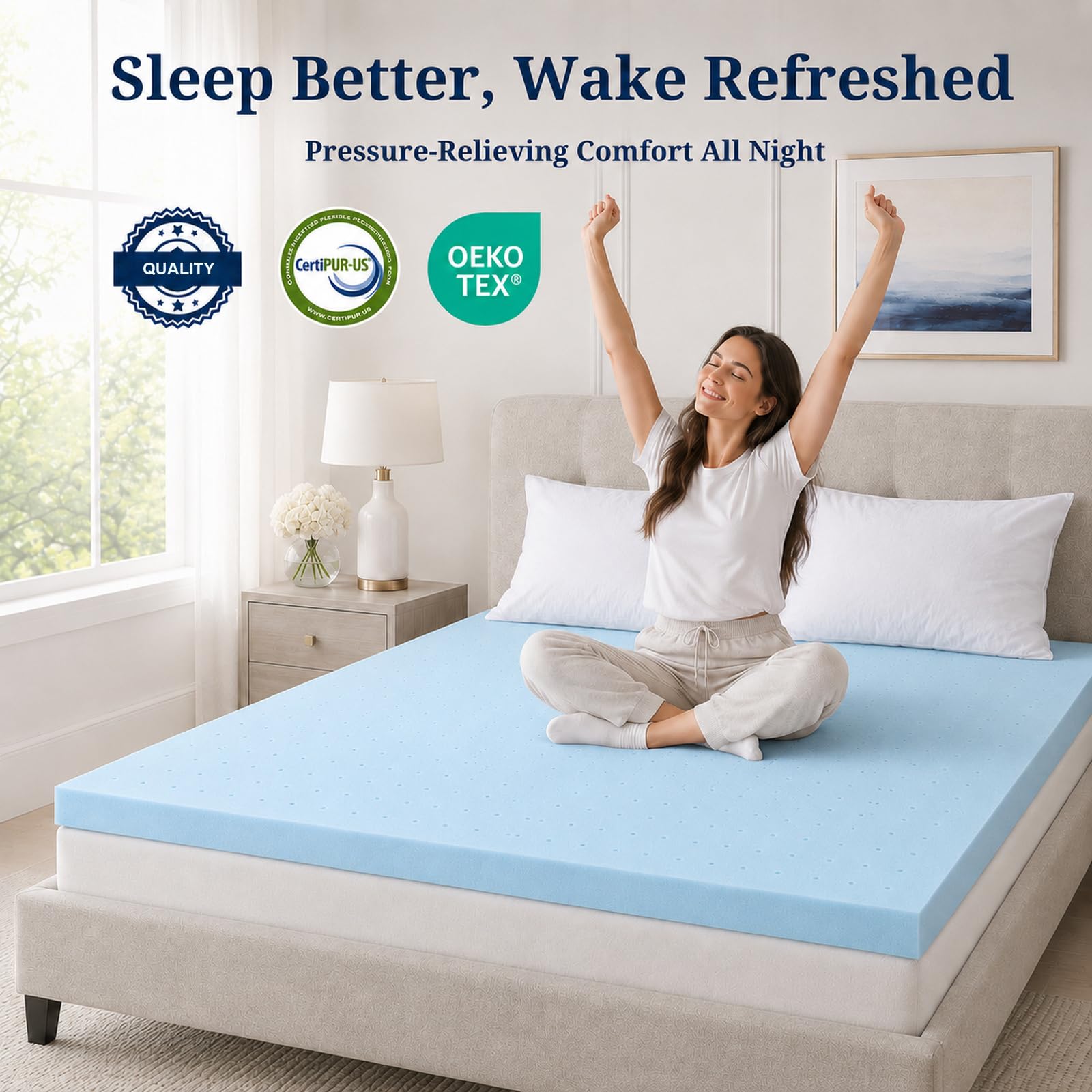 IULULU on king mattress in bedroom showing instant comfort upgrade