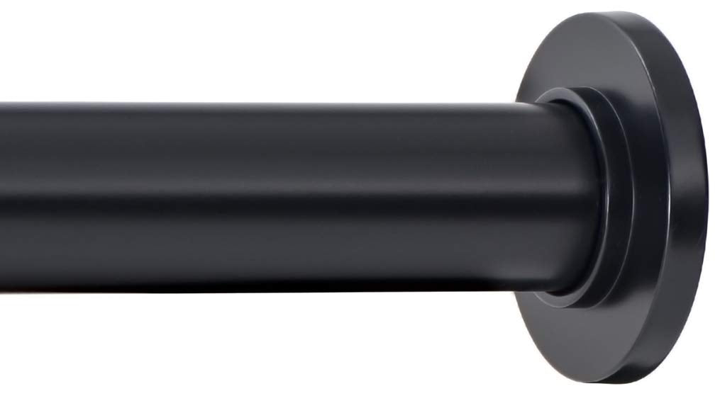 Ivilon front view of black tension rod showing sturdy finish and finials, easy upgrade