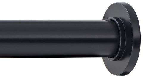 Ivilon front view of black tension rod showing sturdy finish and finials, easy upgrade