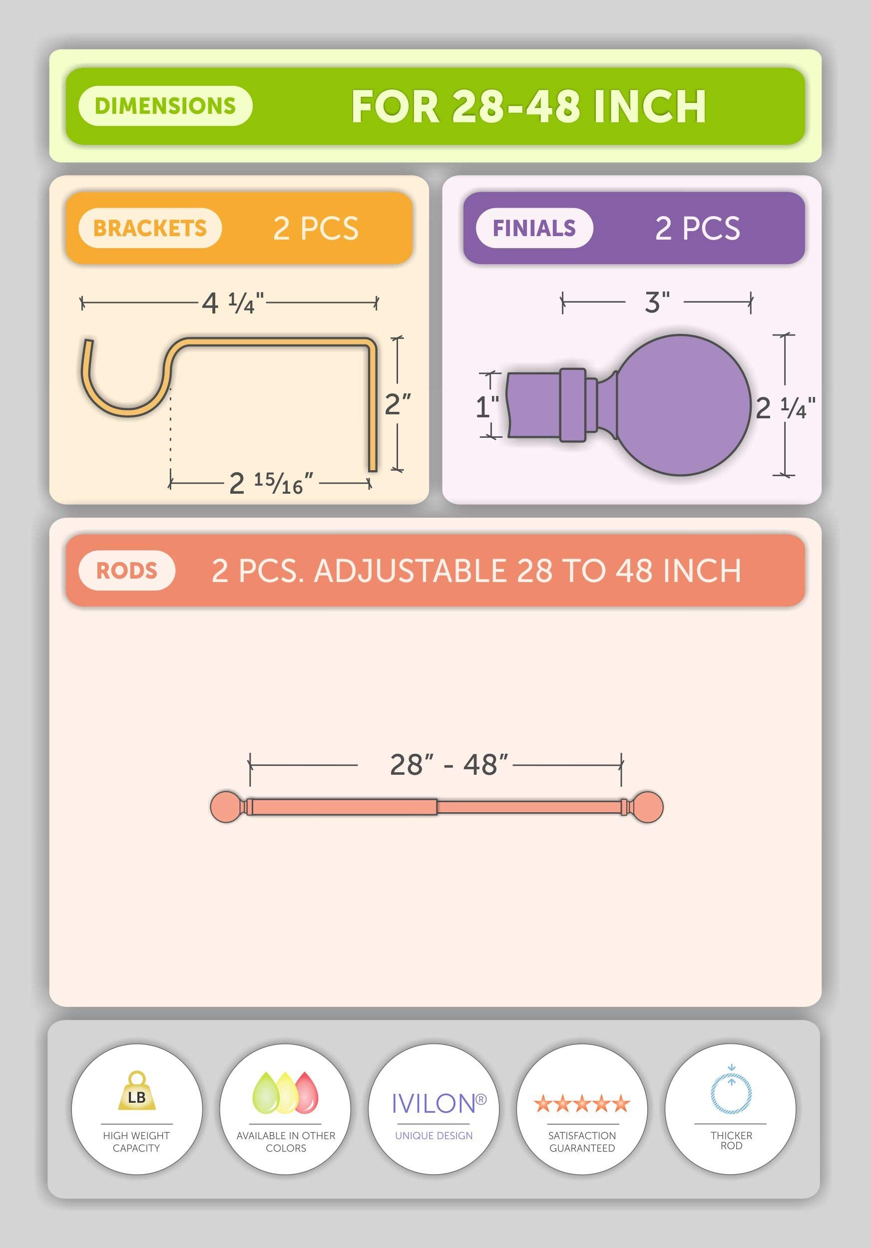 Ivilon rod next to measuring tape showing 28 to 48 inches adjustable range for fit