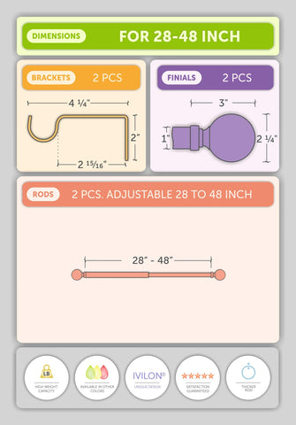 Ivilon rod next to measuring tape showing 28 to 48 inches adjustable range for fit