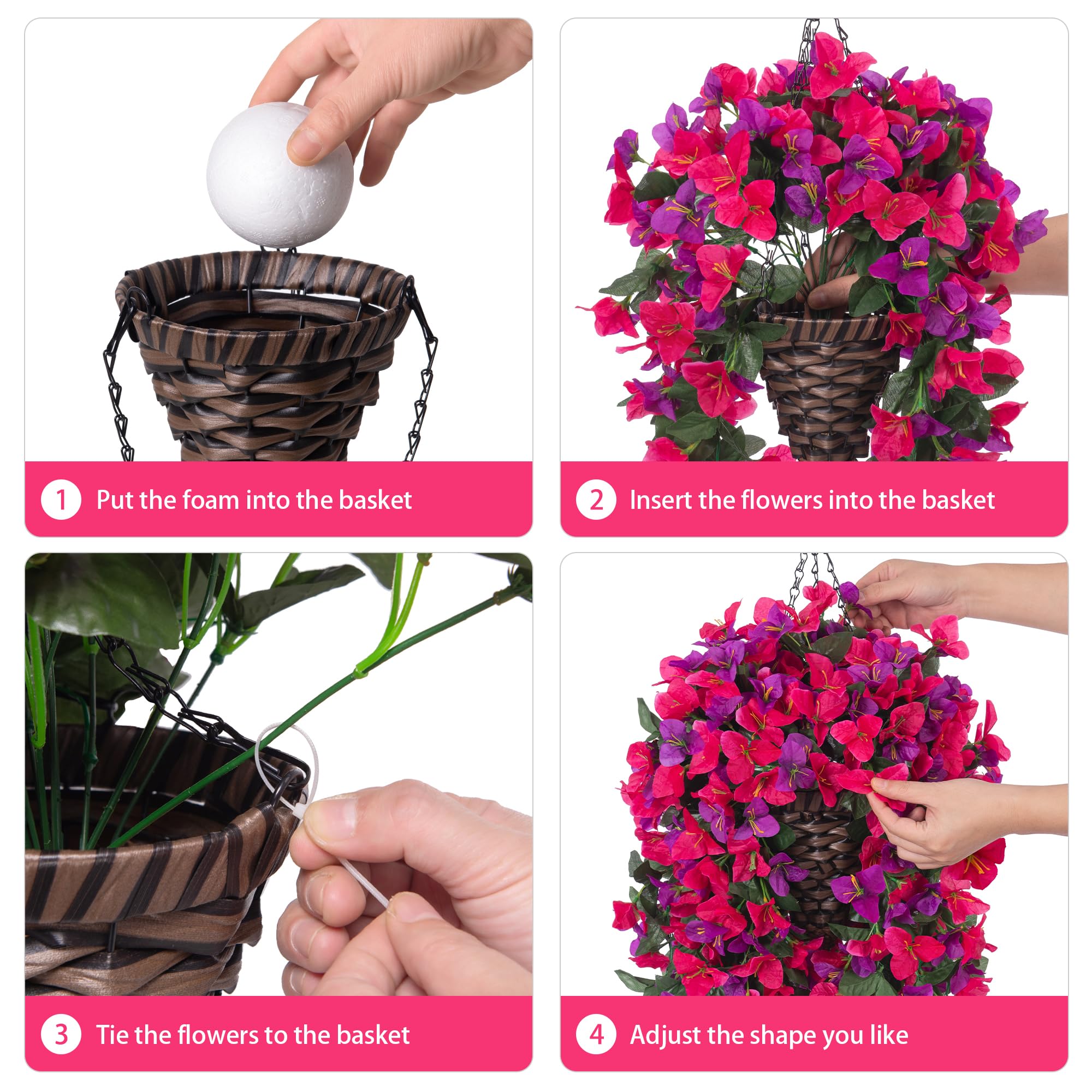 Ivydale bougainvillea hanging basket displayed to show overall shape and draping vines