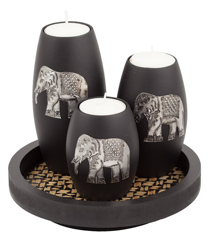 IYARA CRAFT front view of three-piece elephant candle holder set showcasing balanced design benefits