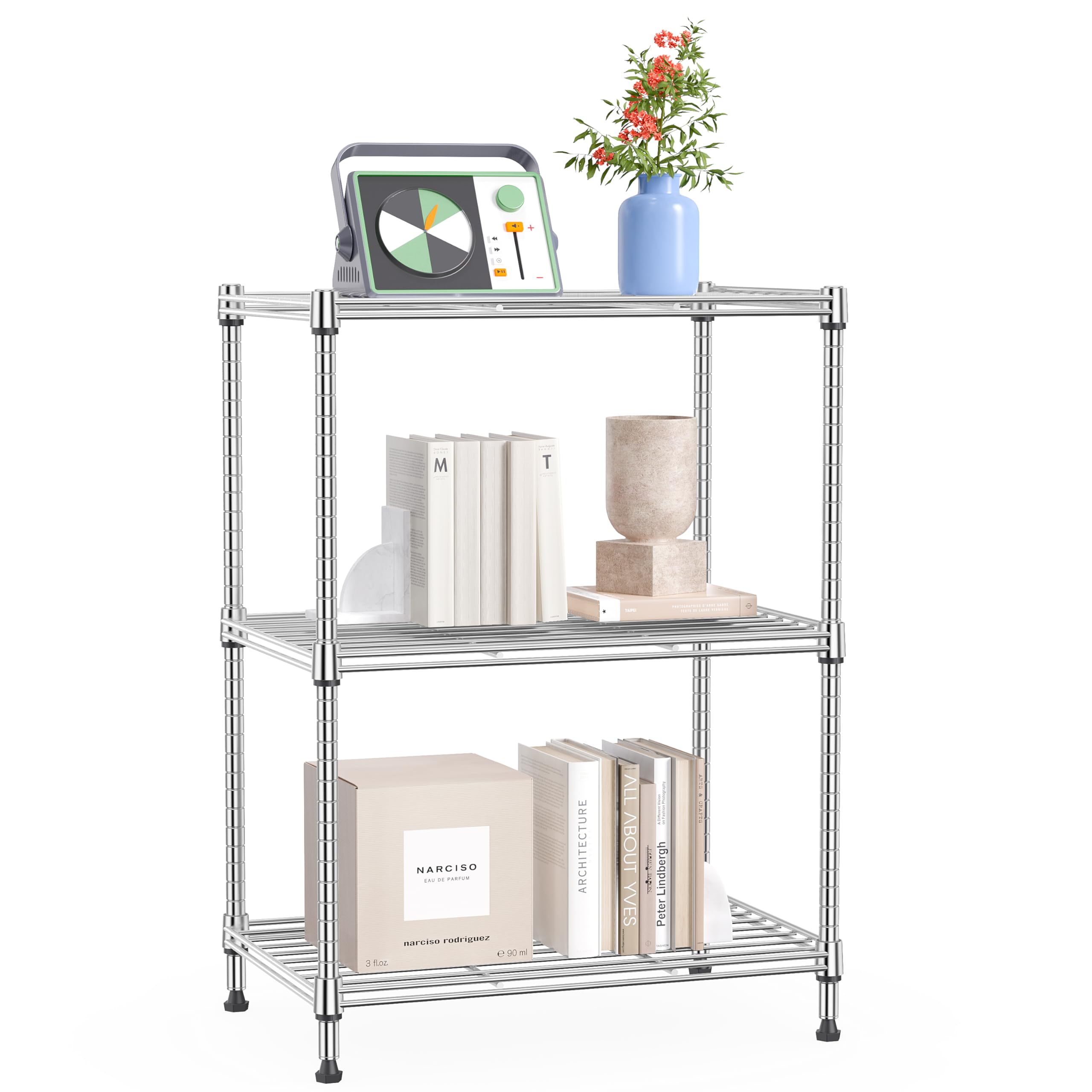 IZEUK front view chrome shelf showing three tiers and sturdy frame, ideal for organized storage