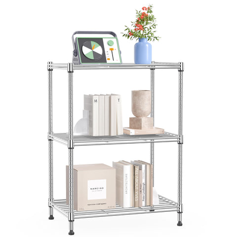 IZEUK front view chrome shelf showing three tiers and sturdy frame, ideal for organized storage