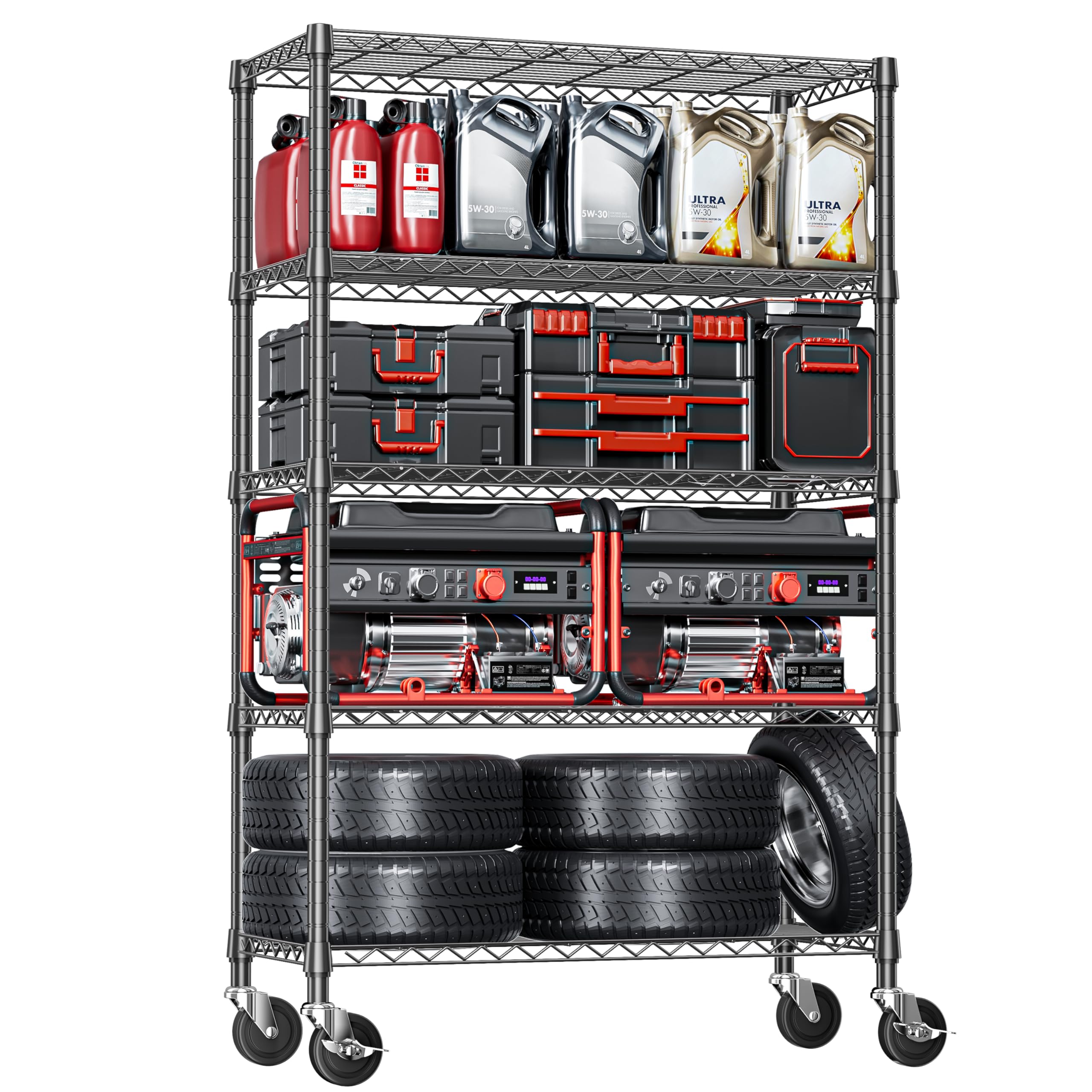 IZEUK front view full shelf showing sturdy black steel and organized storage benefit