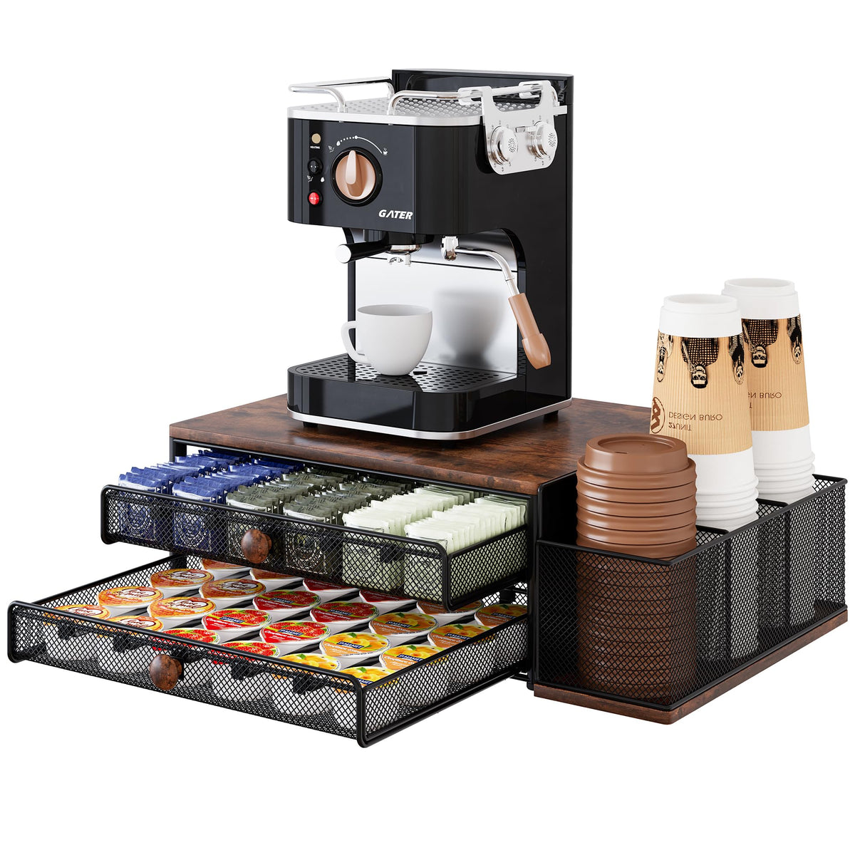 IZLIF front view on countertop showing tidy coffee pods and quick access