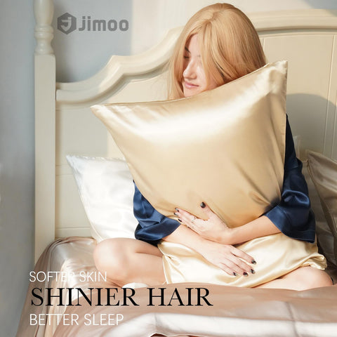 J JIMOO close-up of 22 momme mulberry silk texture highlighting smooth softness