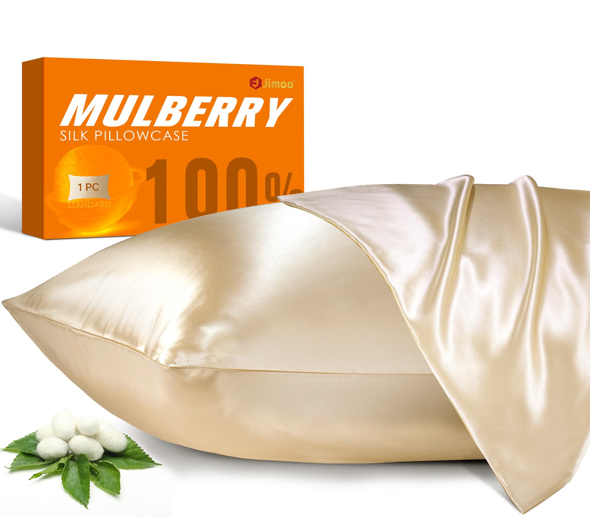 J JIMOO front packaging beige showing elegant silk pillowcase and two-pack convenience