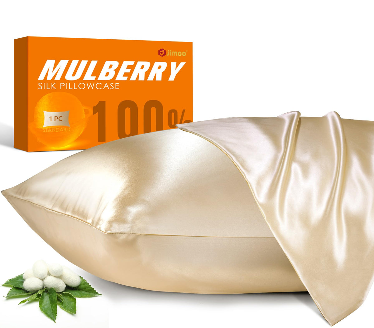 J JIMOO front packaging beige showing elegant silk pillowcase and two-pack convenience