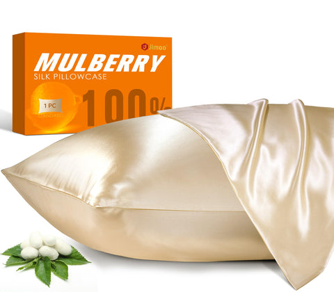 J JIMOO front packaging beige showing elegant silk pillowcase and two-pack convenience