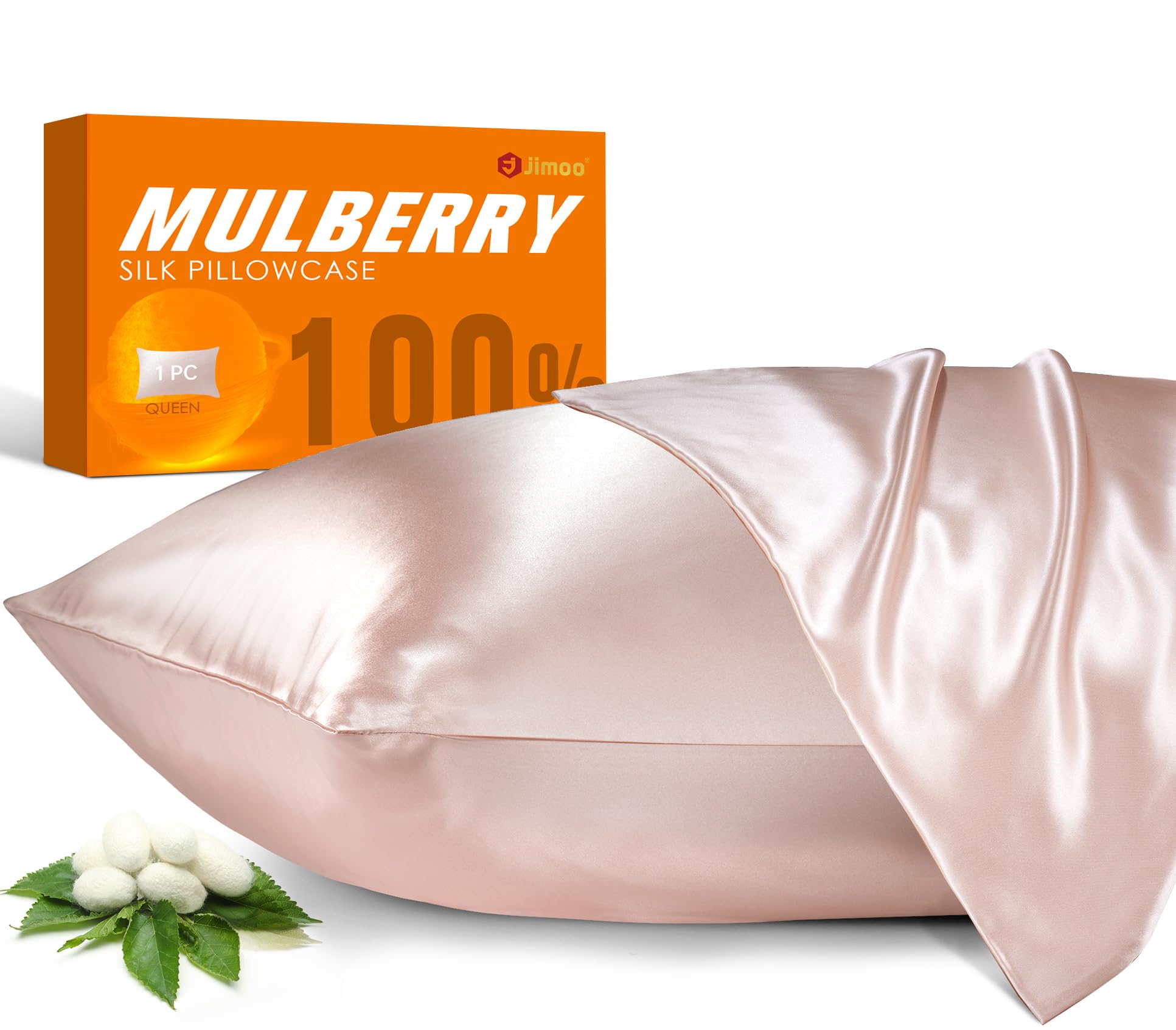J JIMOO light pink silk pillowcase front view shows smooth luxury and gentle touch