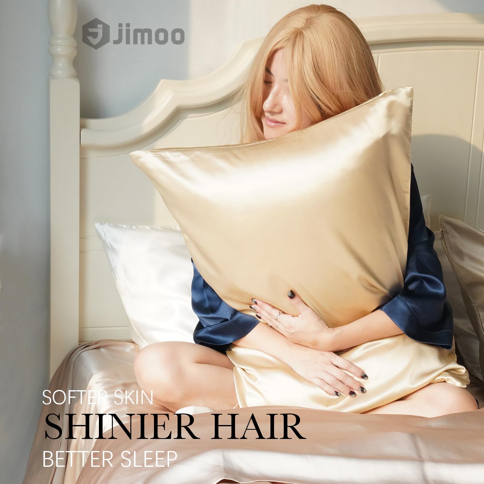 J JIMOO silk weave close-up highlighting smooth 22 momme texture for less friction