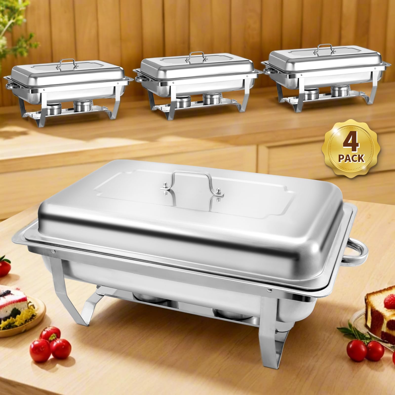 Jacgood front view of 4-pack chafing dishes showing professional buffet setup and durability
