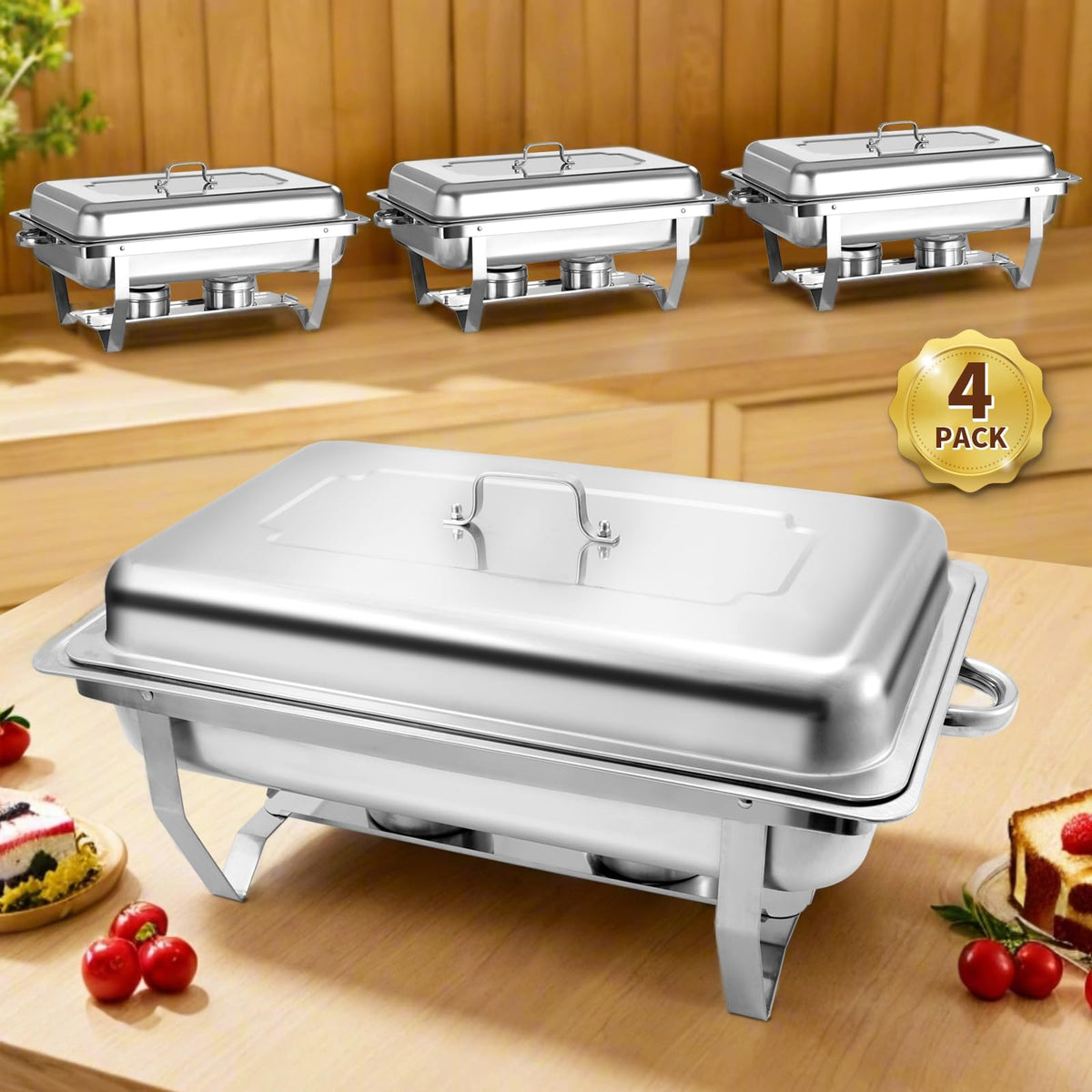 Jacgood front view of 4-pack chafing dishes showing professional buffet setup and durability