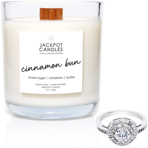 Jackpot Candles cinnamon bun candle front view showing 15 oz jar and wooden wick, inviting bakery scent