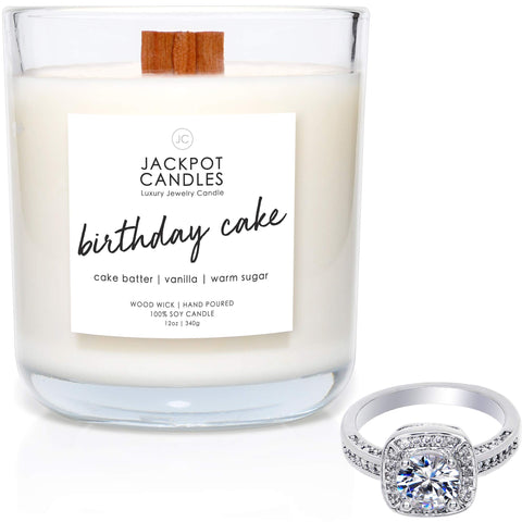 Jackpot Candles front label showing birthday cake scent and jar benefit