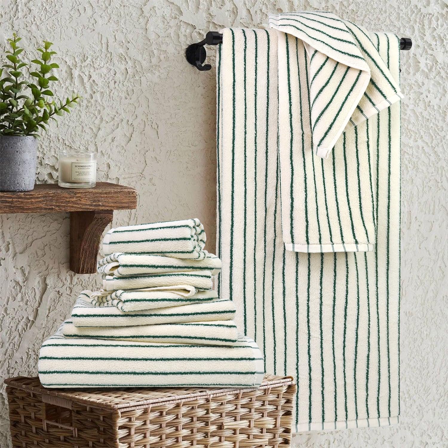 Jacquotha bath towel folded to show plushness and absorbent cotton feel