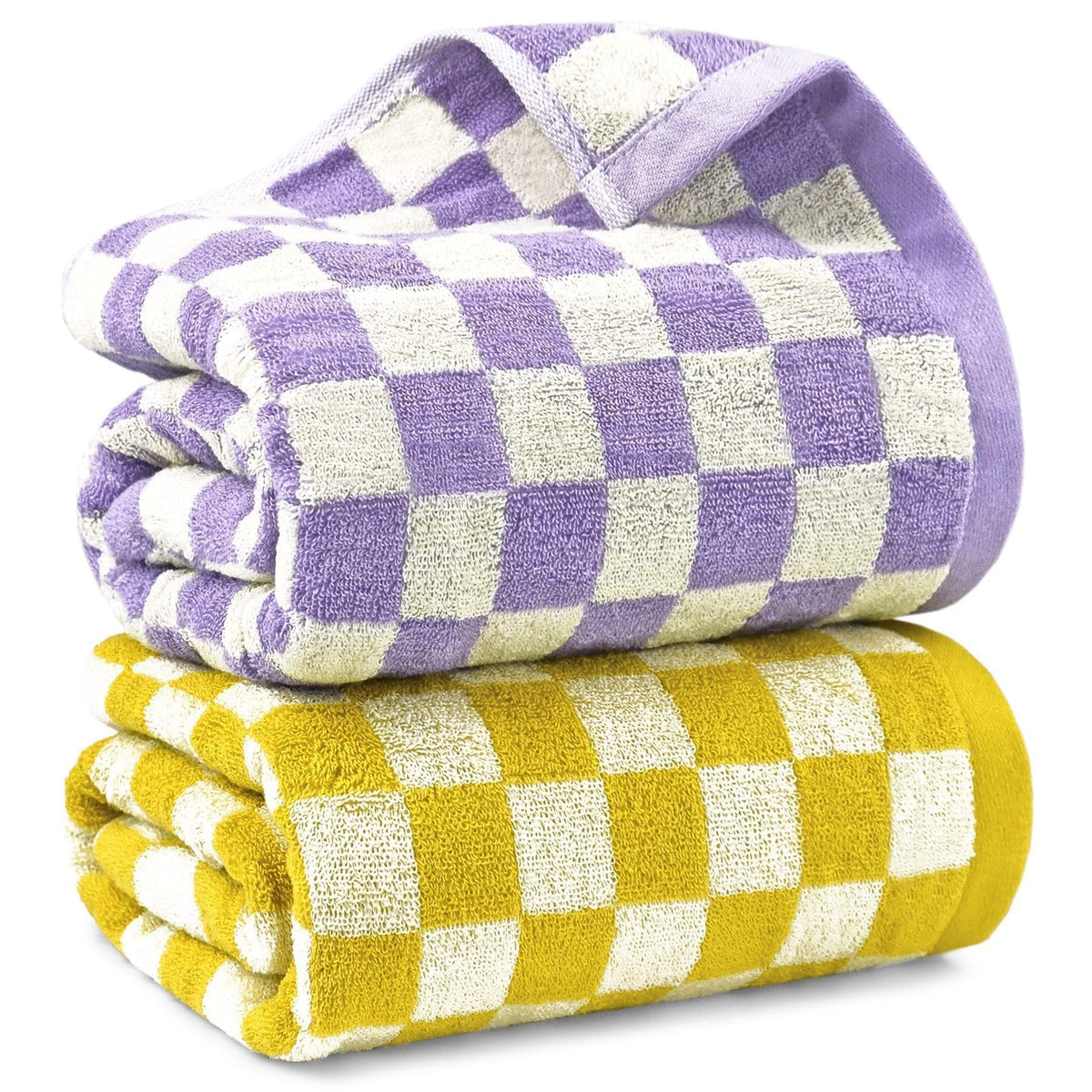 Jacquotha checkered front view showing yellow and lilac towels and modern style