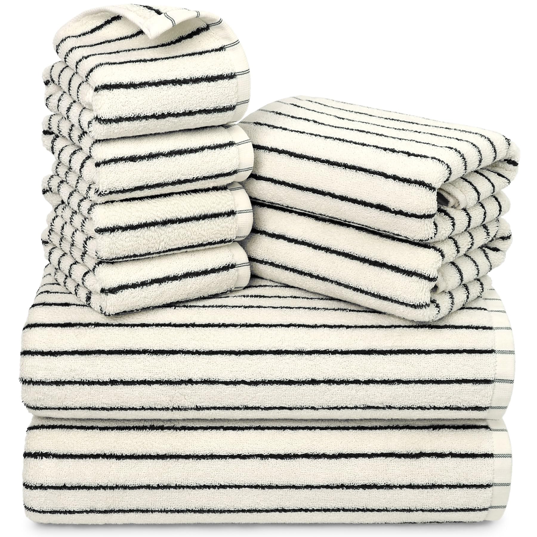 Jacquotha front view of black and ivory towel set showing stylish stripes and cohesive look