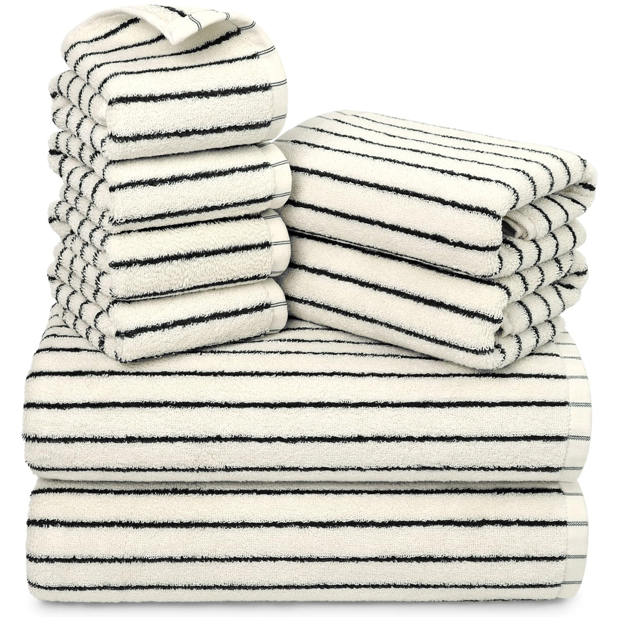 Jacquotha front view of black and ivory towel set showing stylish stripes and cohesive look