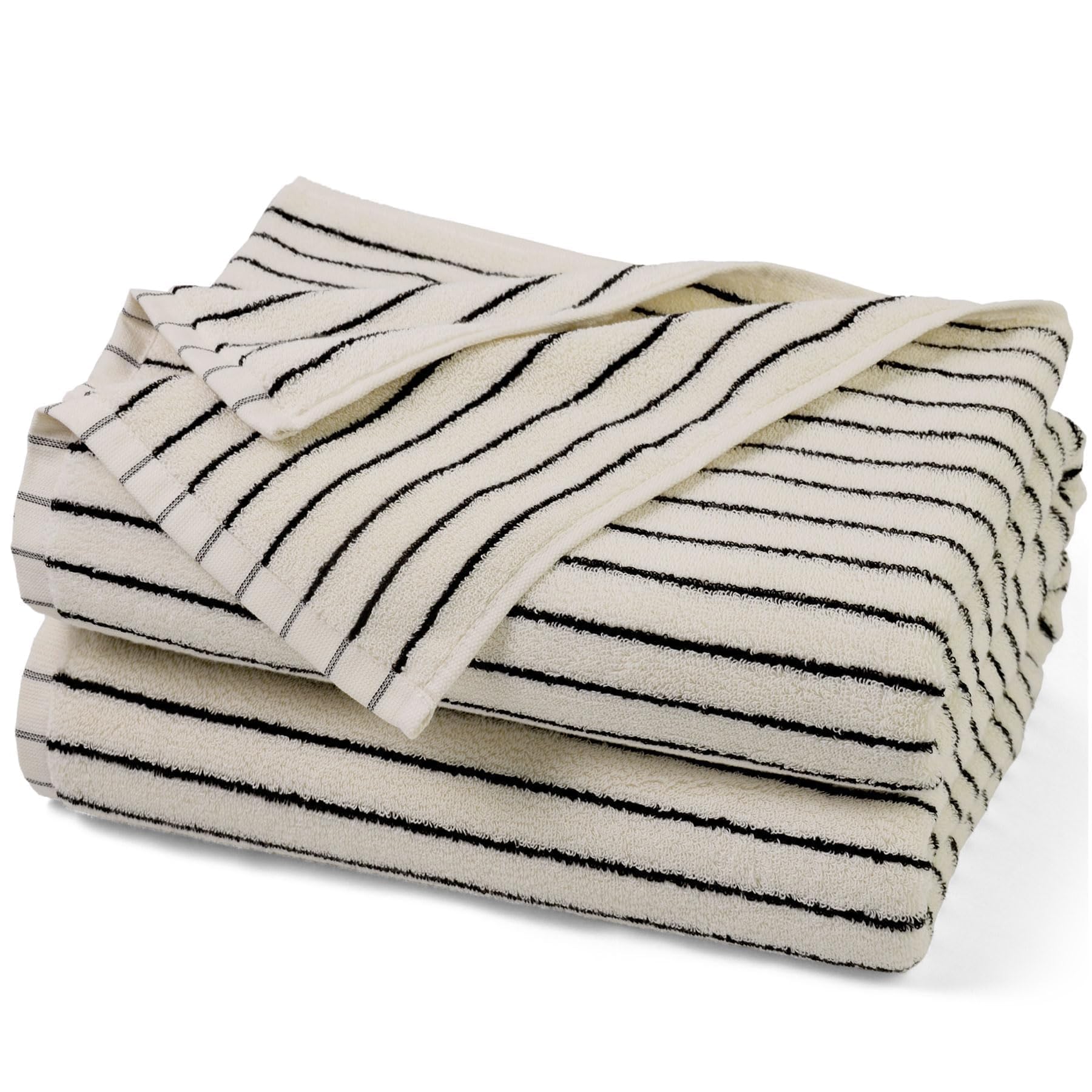 Jacquotha front view showing black and ivory striped towels, stylish bathroom upgrade